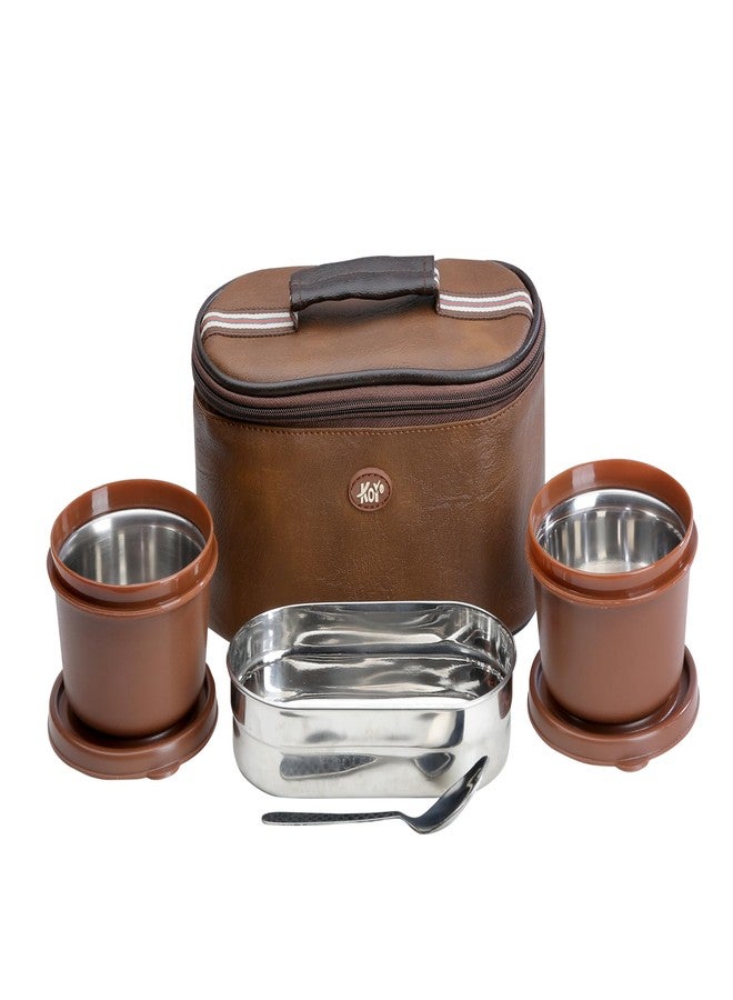 كوي طقم علب غداء KOI TiffinPro المصنوع من الفولاذ المقاوم للصدأ يتضمن حقيبة معزولة، وملعقة فولاذية، وحاويتين مانعتين للتسرب (سعة كل منهما 450 مل) آمنتين للاستخدام في الميكروويف، وحاوية بيضاوية من الفولاذ المقاوم للصدأ (سعة 400 مل)، اللون: بني ممفيس - Image 1